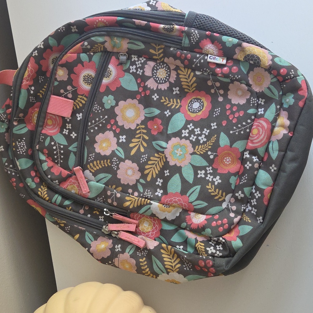Lightly Used Floral Kids Backpack - Pink and Gray